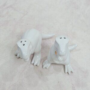 Target T-Rex Dinosaur White Ceramic Salt & Pepper Shakers Gold Bow Ties Retired